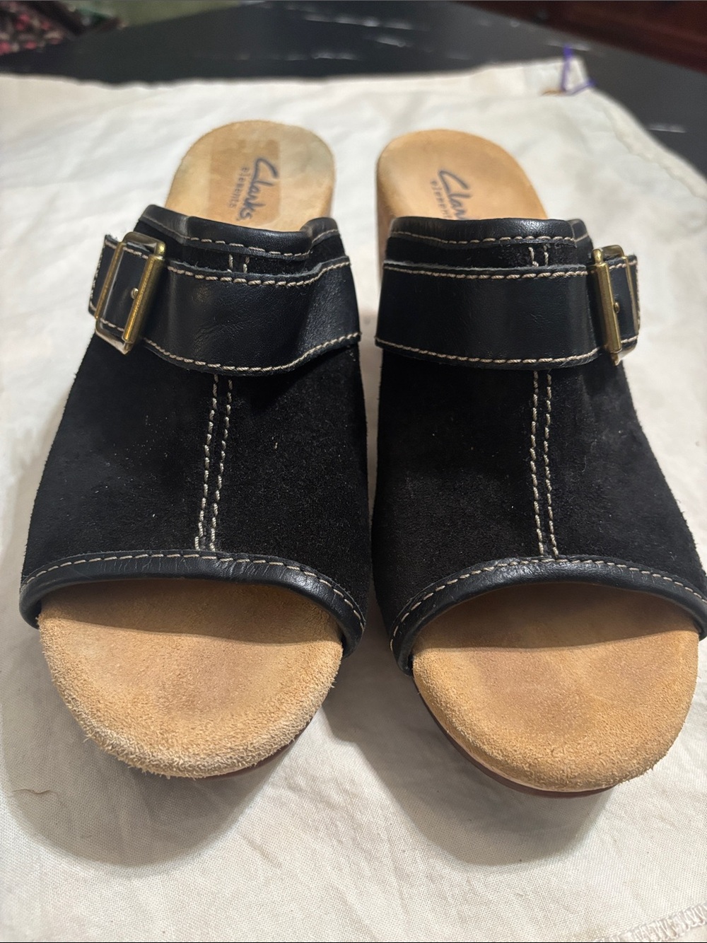 Clarks Black Suede Slide Mules with Buckle Detail